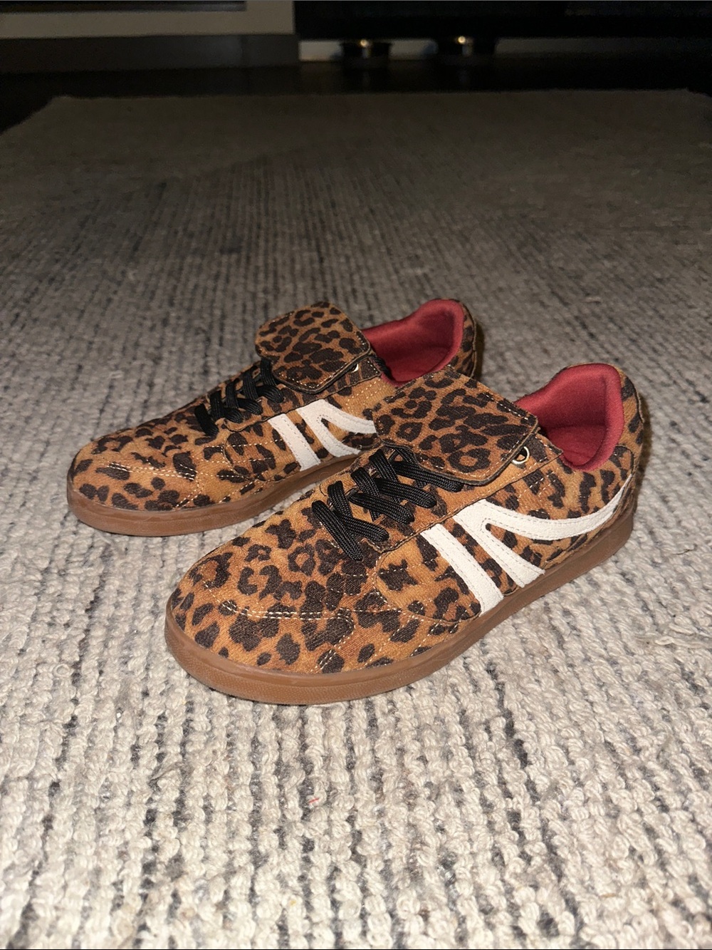 Steve Madden Leopard Print Sneakers with White Stripes and Red Lining